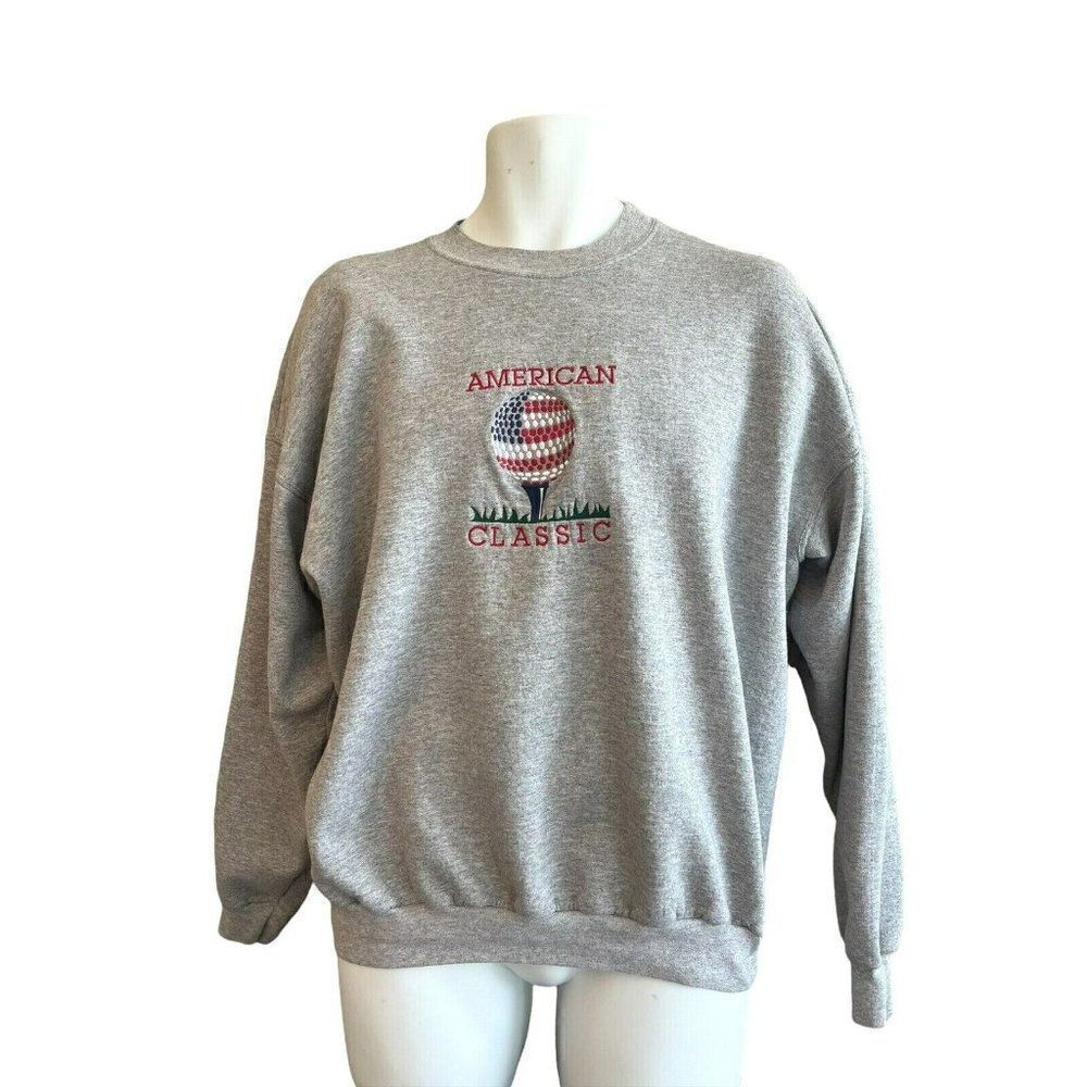 Mens XL Sweatshirt Gray American Golf Classic Embroidered Red White Blue Vtg